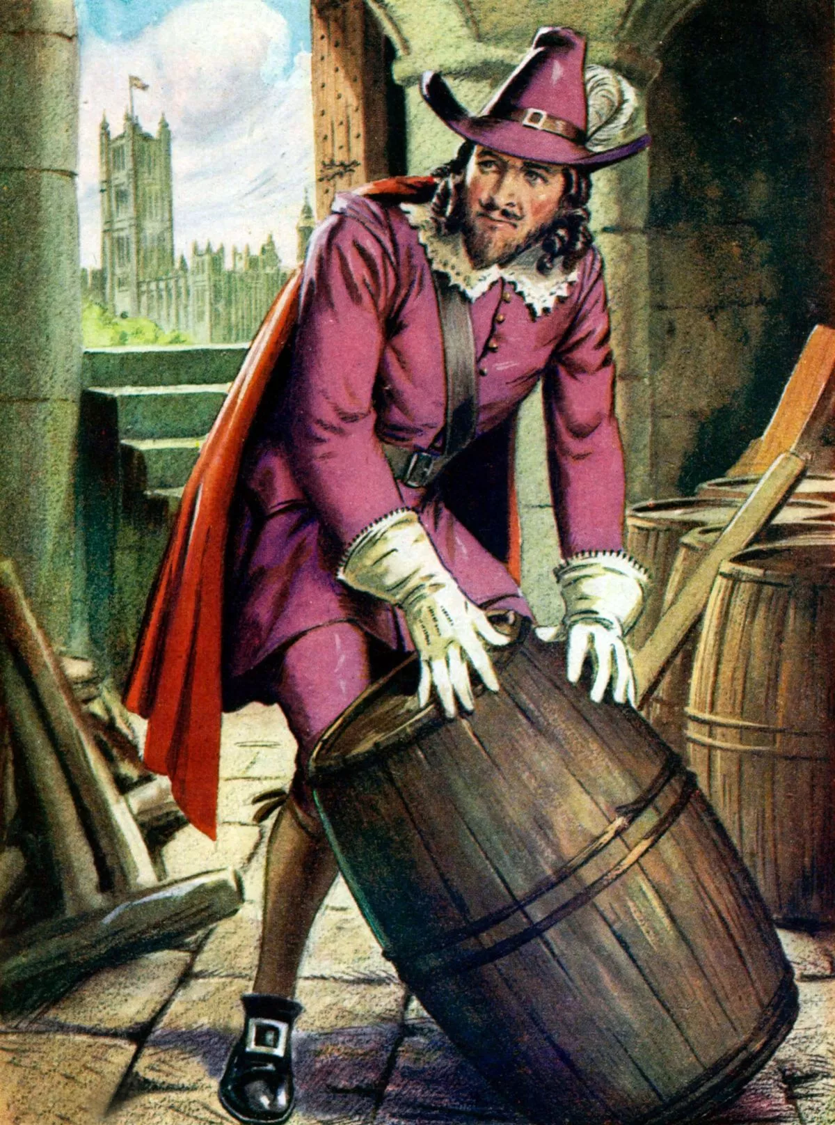 איור גבר מגלגל חבית אבק שריפה